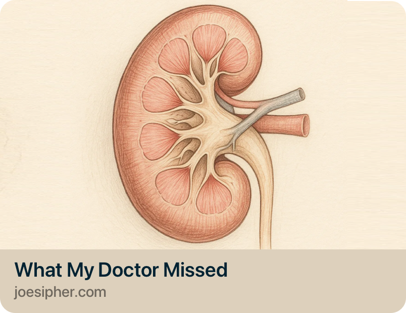 Illustration of a human kidney showing the internal structure with labeled nephrons and blood vessels.