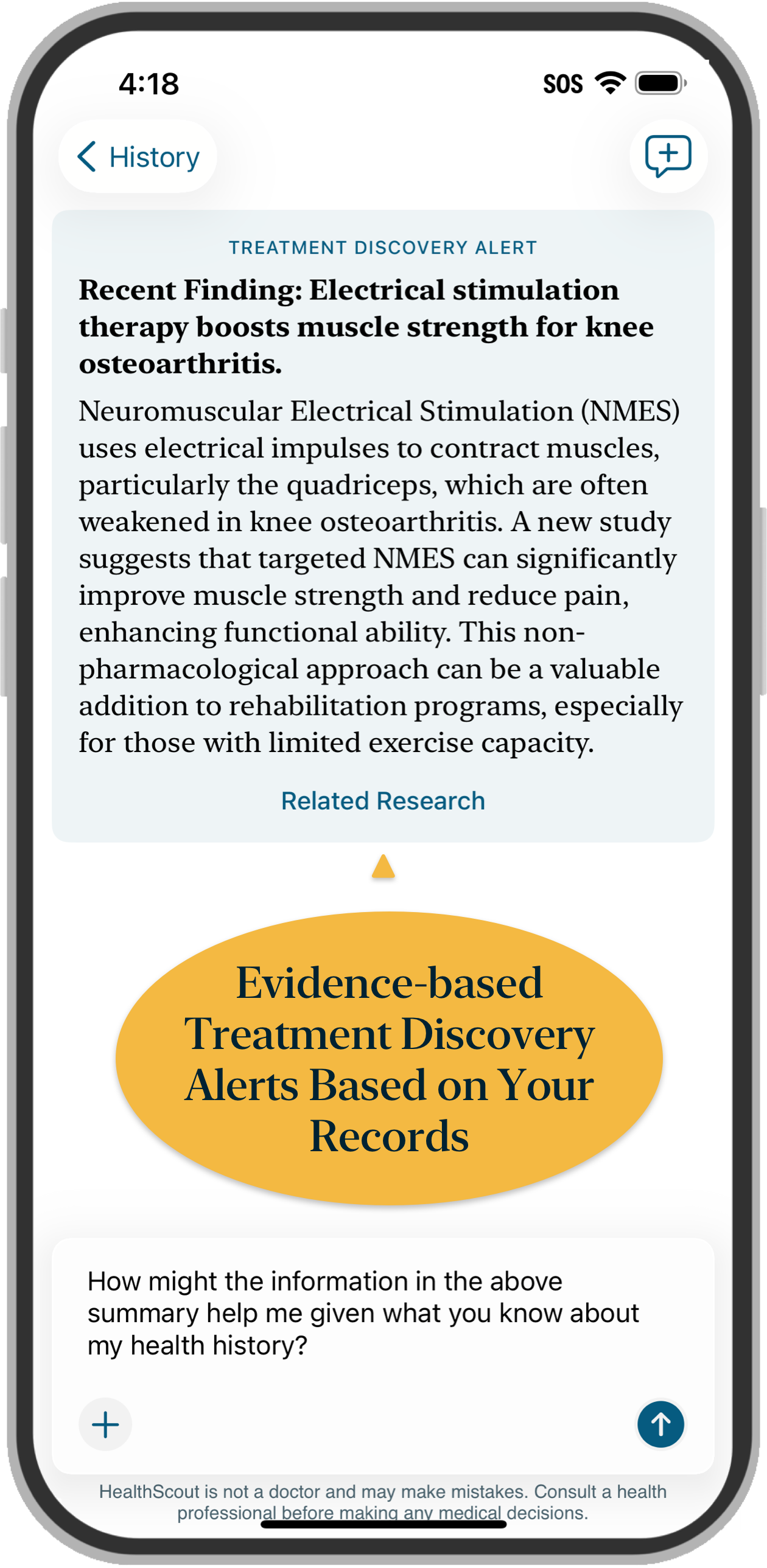 A HealthScout screen showing an evidence-based Treatment Discovery Alert based on your records.