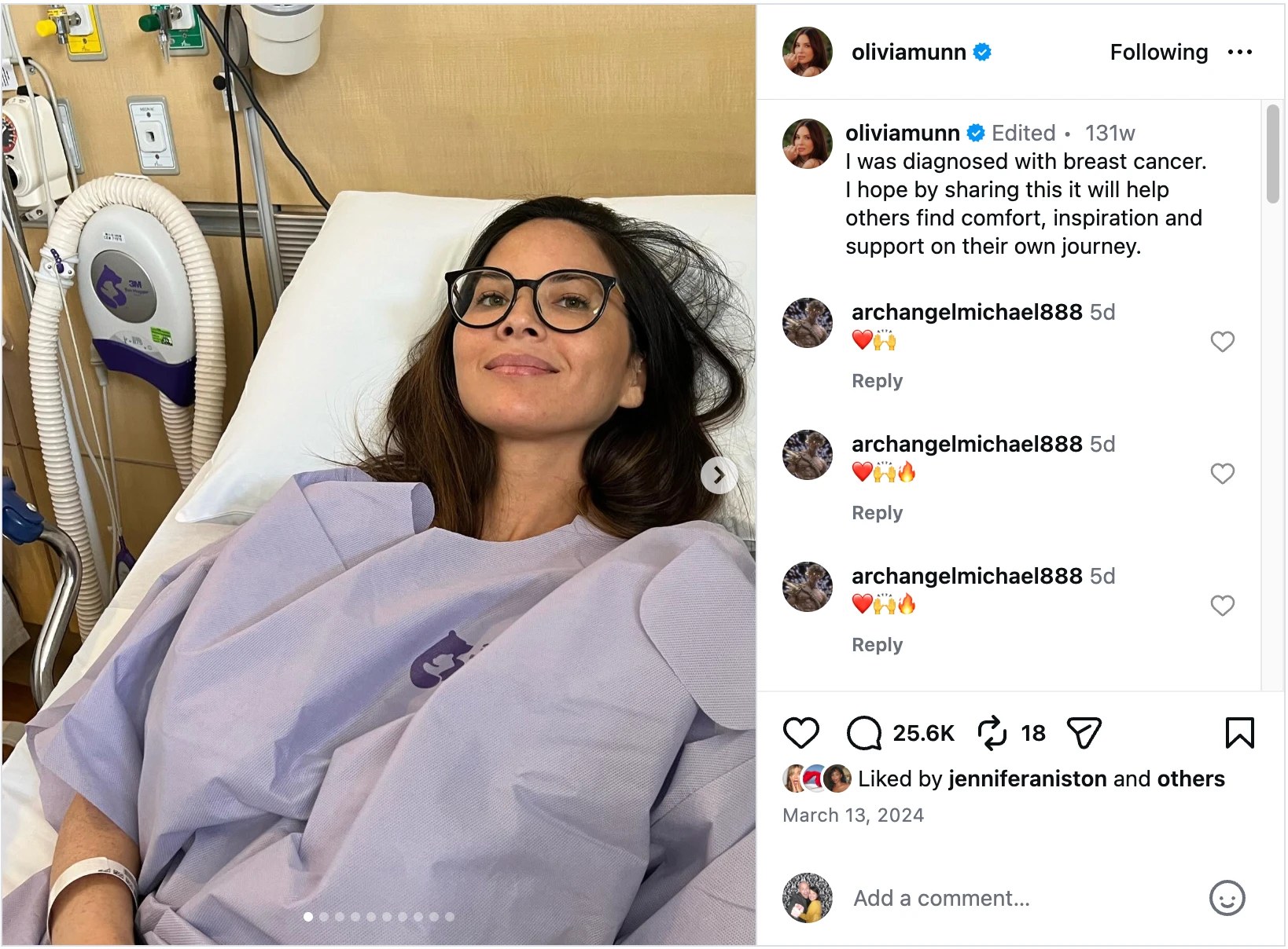 Olivia Munn’s Instagram post from a hospital bed announcing her breast cancer diagnosis, with the caption and comments