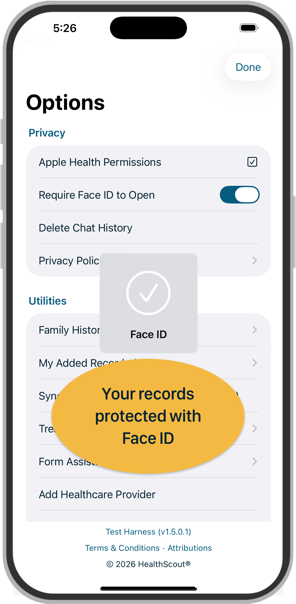 A HealthScout privacy settings screen showing records protected with Face ID.
